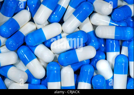close-up of lots of blue and white capsules Stock Photo