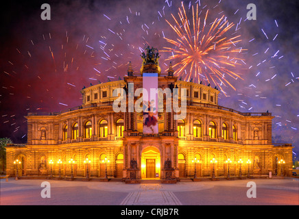 fireworks at Semperoper, Germany, Saxony, Dresden Stock Photo