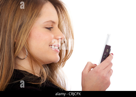 business woman sending a text message on her mobile phone Stock Photo