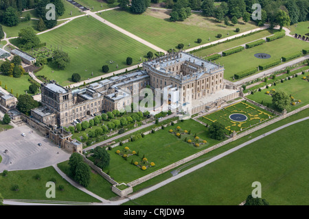 Chatsworth House, Derbyshire, home of the Devonshire family. Aerial photograph Stock Photo