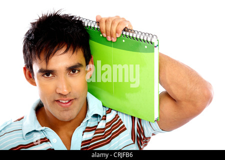 casual college student smiling and holding some notebooks Stock Photo