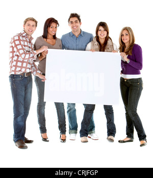 casual group of girls and guys holding a banner Stock Photo