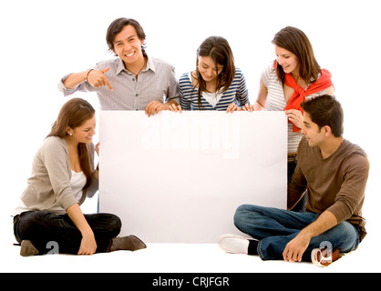 casual group of girls and guys holding a banner Stock Photo