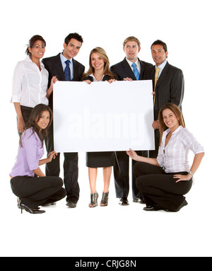 group of business people holding a banner Stock Photo