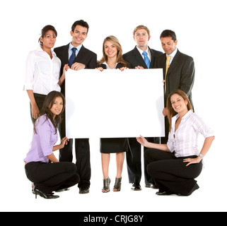 group of business people holding a banner Stock Photo