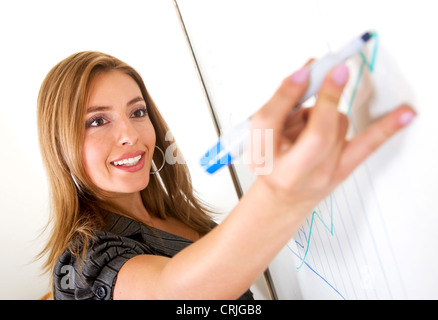 business woman drawing a rampant flow chart on a wall panel Stock Photo