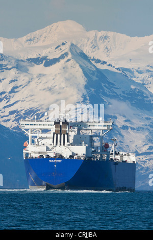 Oil tanker enters Valdez Narrows for the oil loading terminal of the Trans-Alaska Oil Pipeline, in Valdez Alaska Stock Photo