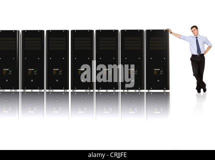 Business man and his network - 3d rendered servers, high detail even on servers screens Stock Photo