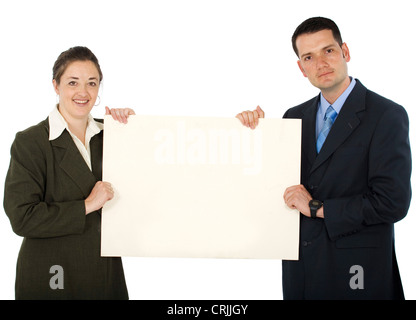 two young business people holding up a sign Stock Photo