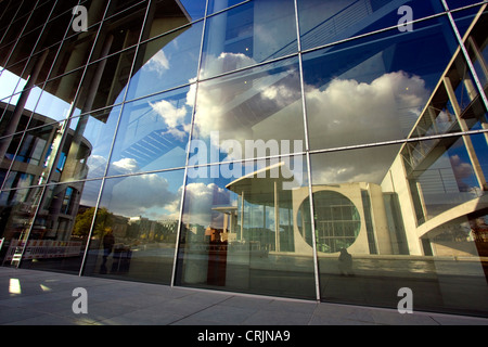 Marie-Elisabeth-Lueders-Haus in the government quarter at Spree river reflecting in windows, Germany, Berlin Stock Photo