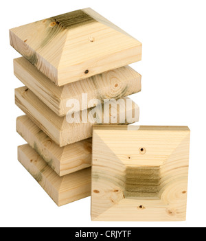 4*4 tanalised   timber temple shaped wooden post cap protectors Stock Photo