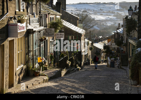 Howarth High Street with low winter sun Stock Photo - Alamy