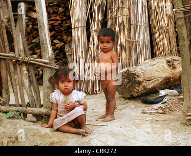 Girl and boy in front of a wood cabin in Nepal Stock Photo