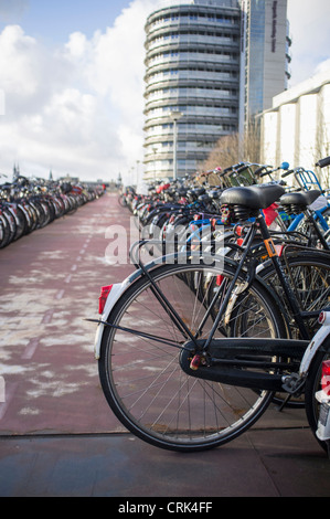 Bicycles parked on city sidewalk Stock Photo