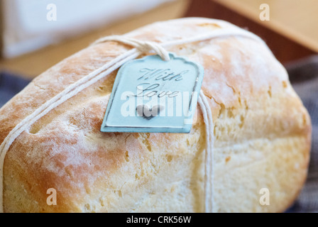 Close up of tag on fresh baked bread Stock Photo