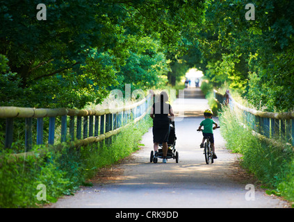 Child blond boy 6 - 7 years old riding bicycle with safety helmet in bike way summer Stock Photo