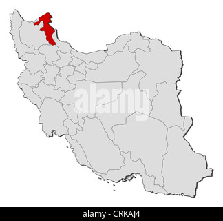 Political map of Iran with the several provinces where Ardabil is highlighted. Stock Photo