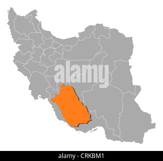 Political map of Iran with the several provinces where Fars is highlighted. Stock Photo