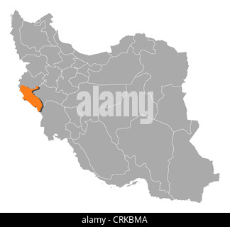 Political map of Iran with the several provinces where Ilam is highlighted. Stock Photo