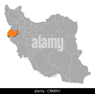 Political map of Iran with the several provinces where Kermanshah is highlighted. Stock Photo