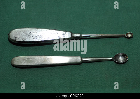 Curette is a spoon-shaped instrument for cleansing a diseased surface. Stock Photo