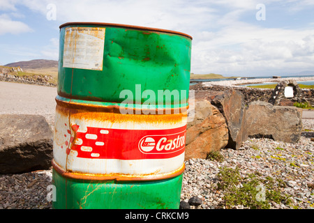 An empty oil barrel on the Isle of Eigg, Scotland, UK. Stock Photo