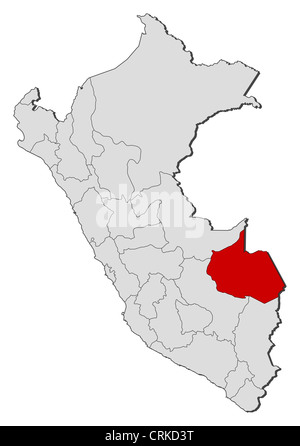 Political map of Peru with the several regions where Madre de Dios is highlighted. Stock Photo