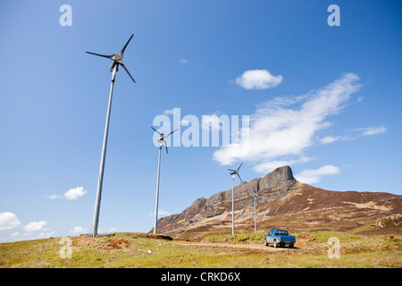 Wind turbines that are part of the Isle of Eigg's renewable energy system that is powered 98% by renewables Stock Photo