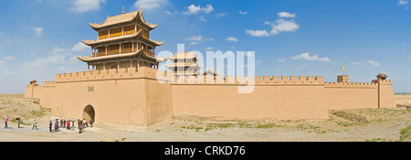 A 3 picture panoramic stitch of the Jiayuguan Pass Tower and Huiji door on the western side of the Guan City of Jiayuguan. Stock Photo