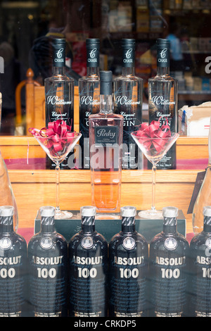 Detail of shop window with displayed bottles of alcohol. Gibraltar, UK. Stock Photo