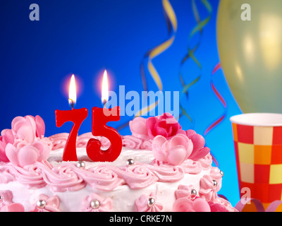 Birthday-anniversary cake with candles showing Nr. 75 Stock Photo