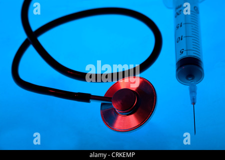 Stethoscope, used to listen to sounds within the body. It is most commonly used to listen to the heart, lungs and chest. Stock Photo