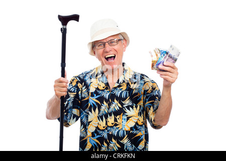 Excited happy elderly man holding money and walking stick, isolated on white background. Stock Photo