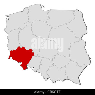 Political map of Poland with the several provinces (voivodships) where Lower Silesian is highlighted. Stock Photo