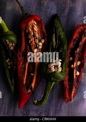 red and green sliced chilli peppers Stock Photo