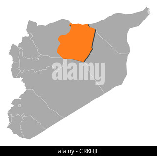 Political map of Syria with the several governorates where Ar-Raqqah is highlighted. Stock Photo