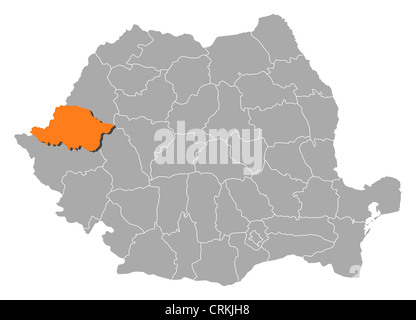 Political map of Romania with the several counties where Arad is highlighted. Stock Photo