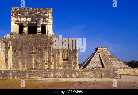 Chichen Itza Jaguar temple and Kukulkan Mayan pyramid . Yucatan.Mexico .