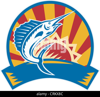 Illustration of a sailfish game fish jumping with sunburst and scroll in background done in retro woodcut style. Stock Photo