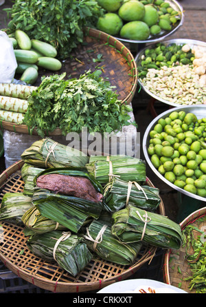 Food and vegetable stalls in a Market,Yangon,Burma Stock Photo