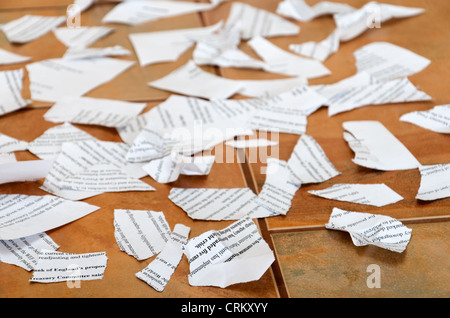 Scraps of papers on tiled floor Stock Photo