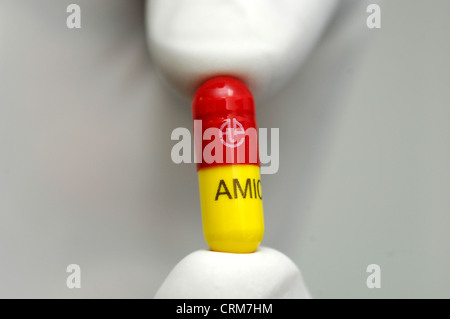 A gloved hand holds a single Amicycline capsules. Stock Photo