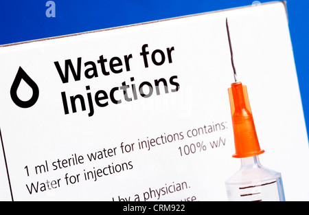 Container Containing An Injection Syringe in front of packaging containing water for injections Stock ...