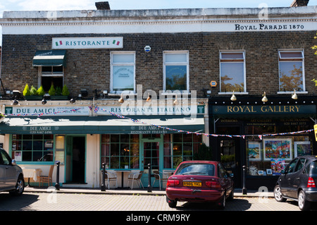 Due Amici Italian Restaurant and the Royal Gallery in The Royal Parade, Chislehurst, Kent. Stock Photo