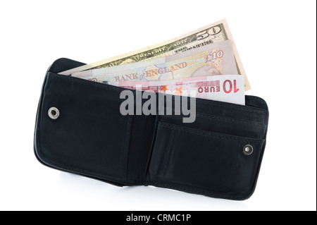 open wallet with dollar pound and euro notes isolated on white Stock Photo