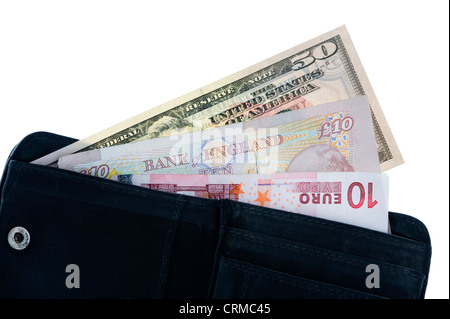 open wallet with dollar pound and euro notes isolated on white Stock Photo