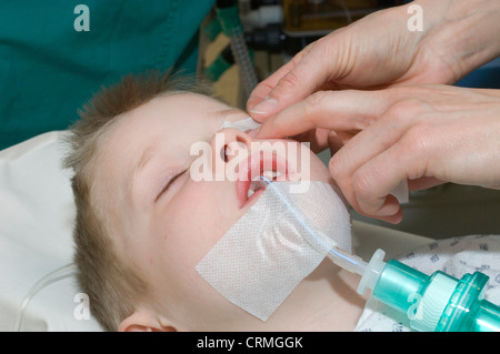 A young boy being prepared for an endosopic procedure. Stock Photo