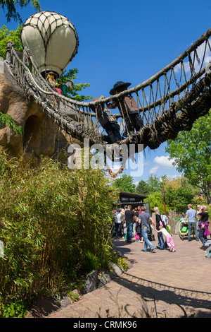 Lego characters on rope bridge by the Mine Train, Miniland, Legoland, Billund, Denmark Stock Photo