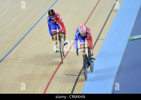 Jessica Varnish and Victoria Pendleton MBE in the Women's Team Sprint at the UCI Track Cycling World Cup, London 2012 Velodrome. Stock Photo