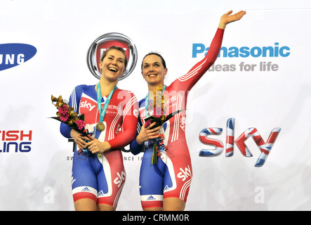 Jessica Varnish and Victoria Pendleton MBE win gold in the Women's Team-Sprint at the UCI Track Cycling World Cup, London 2012. Stock Photo